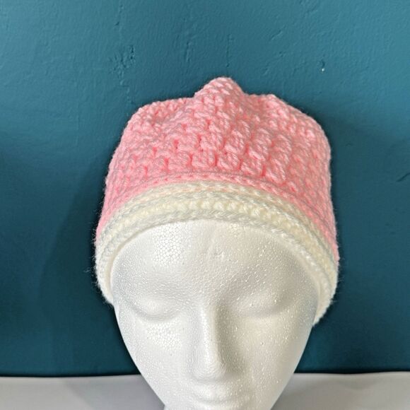 Women's Beanie Hat Crochet Knit - Pink & White 18-22" (Average Adult) - Picture 7 of 7